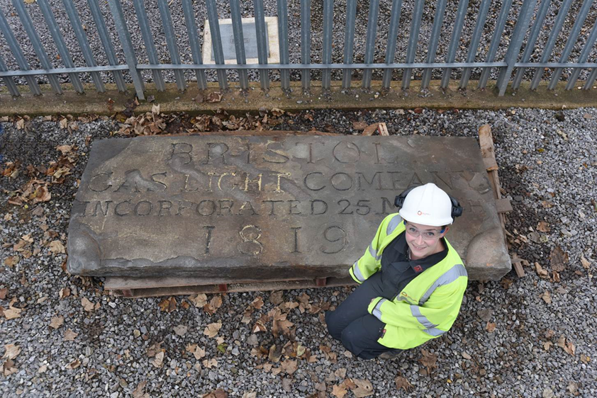 Wales & West Utilities Principal Environmental Engineer Sarah Gillard with the date stone of the former Avon Street gasworks.